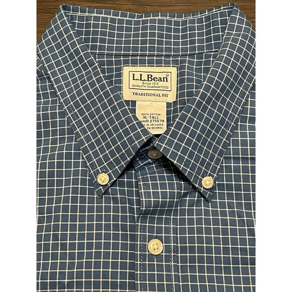 LL Bean XL Tall Traditional‎ Fit Blue/White Check Button Down L/S Cotton Shirt - Picture 2 of 6